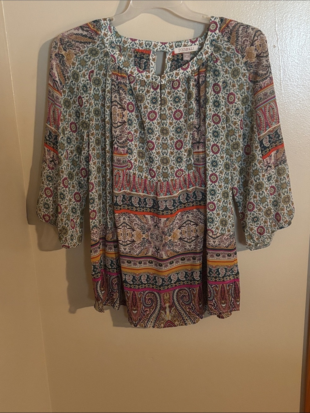 Roz & Ali Multi-Color Paisley Floral Peasant Top Tunic Bohemian